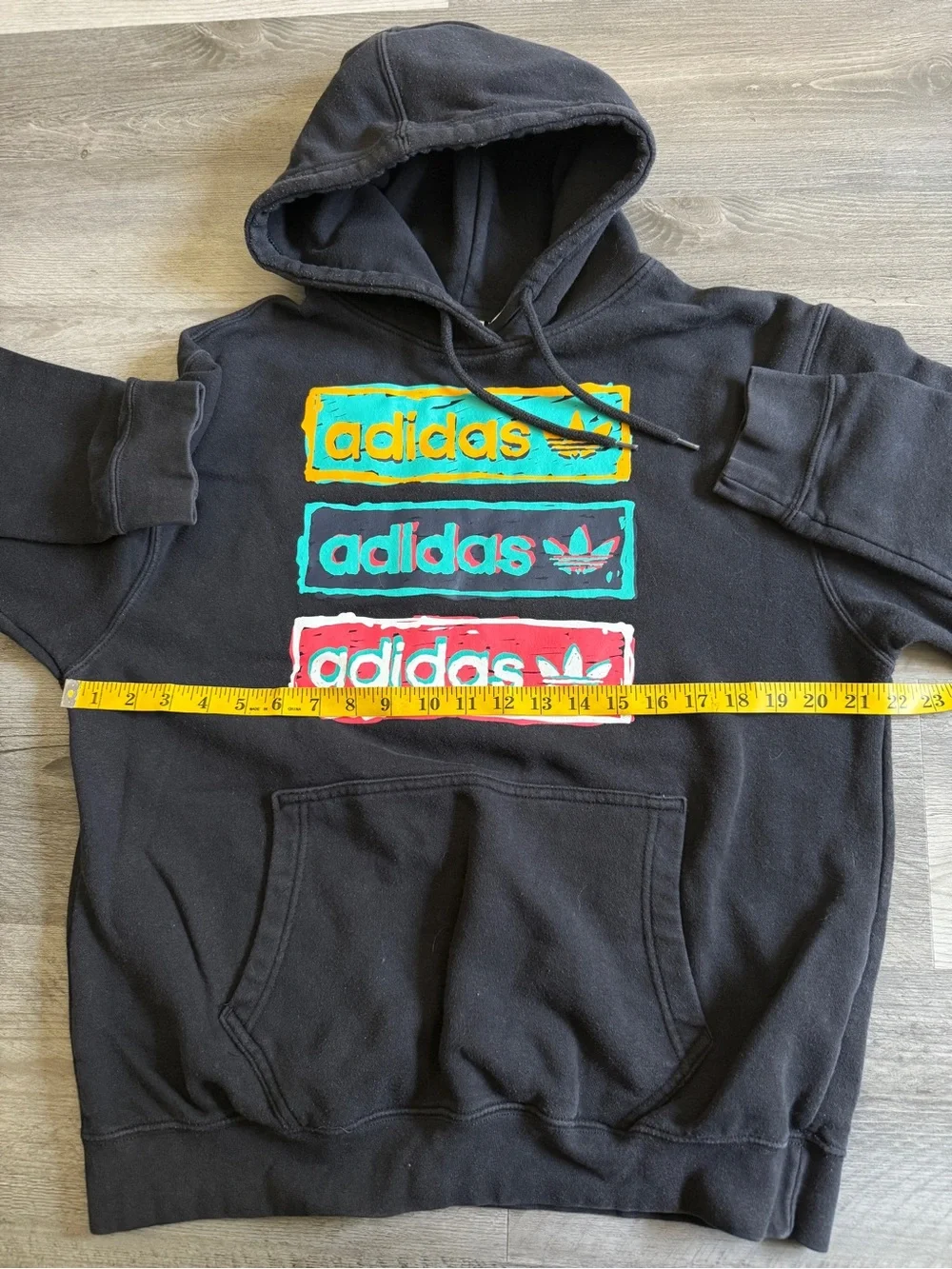 Adidas Black Tri Linear Hoodie Yellow Teal Red Logo Blocks